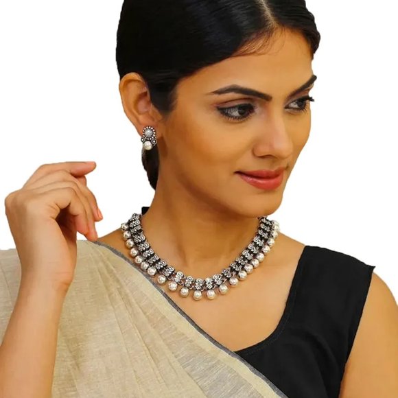 Oxidized Silver Style Choker Necklace Set - Picture 3 of 5